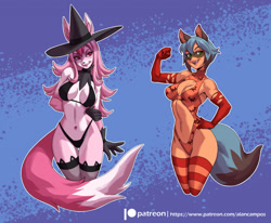 Size: 1280x1055 | Tagged: safe, alternate version, artist:alanscampos, michiru kagemori (bna), nazuna hiwatashi (bna), canine, fox, mammal, raccoon dog, anthro, bna: brand new animal, 2021, belly button, belly button piercing, bikini, black nose, blushing, breasts, clothes, digital art, duo, duo female, ears, evening gloves, eyelashes, female, females only, fur, gloves, gloves (arm marking), hair, halloween, hat, headwear, holiday, legwear, long gloves, looking at you, mask (facial marking), one-piece swimsuit, open mouth, piercing, simple background, socks (leg marking), stockings, swimsuit, tail, thighs, tongue, vixen, wide hips, witch hat