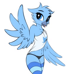 Size: 1280x1280 | Tagged: safe, artist:twiren, tweetfur, bird, anthro, twitter, 1:1, 2019, beak, belly fluff, blue eyes, breasts, clothes, feathers, female, fluff, head fluff, legwear, nipple outline, no tail, non mammalian breasts, off shoulder, open mouth, panties, raised arm, shirt, shoulder fluff, simple background, solo, solo female, striped clothes, striped legwear, thigh highs, thighs, topwear, twitter logo, underwear, white background, wings