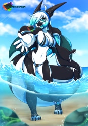 Size: 892x1280 | Tagged: safe, artist:rainbowscreen, oc, oc only, oc:penelope (rainbowscreen), cetacean, dragon, fictional species, hybrid, mammal, orca, orcadragon, anthro, digitigrade anthro, 2018, beach, bikini, blushing, breasts, clothes, cloud, digital art, ears, female, hair, looking at you, ocean, open mouth, pose, scales, sky, solo, solo female, swimsuit, tail, thighs, tongue, water, wide hips
