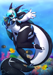Size: 2050x2900 | Tagged: suggestive, artist:rainbowscreen, oc, oc only, oc:penelope (rainbowscreen), cetacean, dragon, fictional species, hybrid, mammal, orca, orcadragon, anthro, digitigrade anthro, 2017, beach, bikini, blushing, breasts, butt, cameltoe, clothes, digital art, ears, female, hair, high res, looking at you, looking back, looking back at you, ocean, one eye closed, open mouth, pose, rear view, scales, solo, solo female, swimsuit, tail, thighs, tongue, underwater, water, wide hips