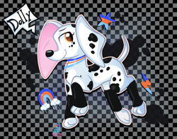 Size: 2063x1622 | Tagged: safe, artist:rainbow eevee, dolly (101 dalmatians), canine, dalmatian, dog, mammal, 101 dalmatians, disney, brown eyes, cool background, cute, design, eyebrows, female, fur, grin, lightning, looking up, multicolored fur, rainbow, solo, solo female, spotted body, spotted fur, stars, text, two toned body, two toned fur