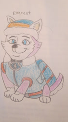Size: 1080x1920 | Tagged: safe, artist:codetski101, everest (paw patrol), canine, dog, husky, mammal, feral, nickelodeon, paw patrol, clothes, ears, female, hat, headwear, jacket, solo, solo female, tail, topwear, traditional art