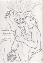 Size: 869x1269 | Tagged: suggestive, artist:bigmansini, felina feral (swat kats), cat, feline, mammal, anthro, hanna-barbera, swat kats, barefoot, bedroom eyes, clothes, feathers, feet, female, halloween, holiday, licking, licking leg, looking at you, nudity, panties, partial nudity, seductive, sexy, smiling, smiling at you, soles, solo, solo female, thong, toe claws, toe ring, toes, tongue, tongue out