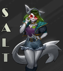 Size: 1330x1500 | Tagged: safe, artist:thunderbrush, io (paladins), salt (paladins), canine, fox, mammal, anthro, paladins, 2020, belt, bottomwear, clothes, female, glasses, green hair, grin, hair, looking at you, round glasses, shorts, solo, solo female, species swap, tail