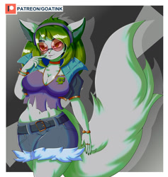 Size: 1280x1348 | Tagged: safe, artist:goatink, io (paladins), salt (paladins), canine, fox, mammal, anthro, paladins, 2020, belly button, belt, bottomwear, breasts, cleavage, clothes, crop top, female, glasses, green hair, hair, midriff, round glasses, shorts, smiling, solo, solo female, species swap, tail, topwear