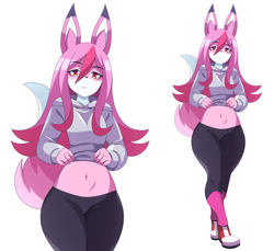 Size: 7200x6600 | Tagged: safe, artist:abysswatchers, nazuna hiwatashi (bna), canine, fox, mammal, anthro, bna: brand new animal, 2021, absurd resolution, belly button, bottomwear, clothes, female, fur, hair, looking at you, pants, pink body, pink eyes, pink fur, pink hair, pink tail, shoes, simple background, sneakers, solo, solo female, sweater, tail, topwear, white background