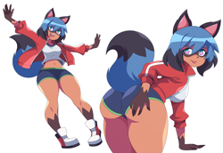 Size: 4800x3300 | Tagged: safe, artist:abysswatchers, michiru kagemori (bna), canine, mammal, raccoon dog, anthro, bna: brand new animal, 2021, belly button, black hair, black tail, blue hair, blue tail, bottomwear, brown body, brown fur, butt, clothes, female, fur, hair, high res, jacket, looking at you, looking back, looking back at you, midriff, multicolored eyes, multicolored hair, multicolored tail, open mouth, shoes, shorts, simple background, sneakers, solo, solo female, tail, tongue, tongue out, topwear, two toned eyes, white background