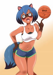 Size: 2563x3613 | Tagged: safe, artist:laceyxitzal, michiru kagemori (bna), canine, mammal, raccoon dog, anthro, bna: brand new animal, cc by-nc, creative commons, 2020, ball, basketball, belly button, black hair, black tail, blue hair, blue tail, blushing, bottomwear, breasts, brown body, brown fur, clothes, fangs, female, fur, hair, hand on hip, high res, looking at you, multicolored eyes, multicolored hair, multicolored tail, open mouth, sharp teeth, shorts, solo, solo female, tail, tank top, teeth, topwear, two toned eyes