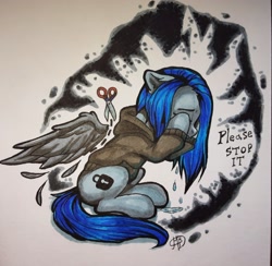 Size: 2357x2305 | Tagged: safe, artist:megabait, oc, oc:megabait, equine, mammal, pony, feral, friendship is magic, hasbro, my little pony, clothes, crying, high res, hoodie, inktober, inktober2021, inktoberday9, lock, pressure, scissors, topwear, traditional, wings