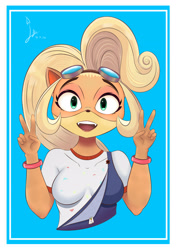 Size: 2520x3583 | Tagged: safe, artist:laceyxitzal, coco bandicoot (crash bandicoot), bandicoot, mammal, marsupial, anthro, crash bandicoot (series), 2020, breasts, clothes, female, fur, goggles, green eyes, hair, high res, looking at you, open mouth, orange body, orange fur, shirt, solo, solo female, topwear, wristband, yellow body, yellow fur, yellow hair
