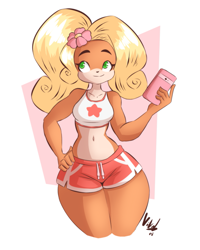 Size: 941x1175 | Tagged: safe, artist:fluffernubber, coco bandicoot (crash bandicoot), bandicoot, mammal, marsupial, anthro, crash bandicoot (series), 2018, abstract background, belly button, blonde hair, bottomwear, cell phone, clothes, crop top, female, flower, fur, green eyes, hair, hand on hip, midriff, multicolored fur, orange body, orange fur, phone, plant, shorts, signature, smartphone, solo, solo female, thick thighs, thighs, topwear, white body, white fur, yellow hair