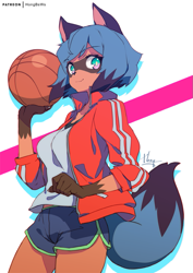 Size: 707x1000 | Tagged: safe, artist:hongbsws, michiru kagemori (bna), canine, mammal, raccoon dog, anthro, bna: brand new animal, 2020, ball, basketball, black hair, black tail, blue hair, blue tail, bottomwear, brown body, brown fur, clothes, female, fur, hair, jacket, multicolored eyes, multicolored hair, multicolored tail, shorts, signature, smiling, solo, solo female, tail, topwear, two toned eyes