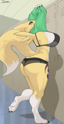 Size: 1911x3685 | Tagged: suggestive, artist:doggomeatball, artist:henhenhen, fictional species, renamon, anthro, digimon, 2018, big breasts, big butt, breasts, butt, clothes, ears, female, looking at you, shirt, shirt lift, solo, solo female, tail, thick thighs, thighs, topwear
