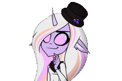 Size: 1920x1280 | Tagged: safe, artist:felux, oc, oc only, oc:la'lily snowflake, animal humanoid, equine, fictional species, mammal, unicorn, humanoid, teen-z, animated, clothes, ears, female, freckles, gif, hair, hat, headwear, horn, scarf, simple background, smug, solo, solo female, thinking, topwear, transparent background