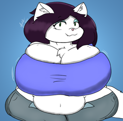Size: 5184x5120 | Tagged: suggestive, artist:isaiahtse, cat, feline, mammal, anthro, absurd resolution, breasts, chest fluff, female, fluff, gradient background, green eyes, hair, hyper, hyper breasts, purple hair, slightly chubby, tail, thick thighs, thighs, watermark