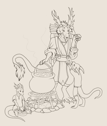 Size: 1024x1200 | Tagged: artist needed, source needed, safe, oc, dragon, eastern dragon, fictional species, kobold, reptile, anthro, ambiguous gender, cooking pot, food, group, soup, trio