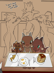 Size: 956x1280 | Tagged: safe, artist:privvysarttime, oc, fictional species, kobold, reptile, anthro, apron, blue eyes, breakfast, brown eyes, clothes, cooking, cooking pot, egg, female, females only, food, fork, fried egg, green eyes, kitchen, knife, pancakes, plate, speech bubble, toast, trio, trio female