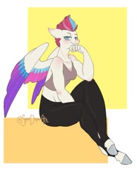 Size: 923x1189 | Tagged: safe, artist:superduperath, zipp storm (mlp), equine, fictional species, mammal, pegasus, pony, anthro, unguligrade anthro, hasbro, my little pony, my little pony g5, spoiler:my little pony g5, 2021, anthrofied, clothes, colored wingtips, feathered wings, feathers, female, hooves, legwear, mare, signature, sitting, smiling, solo, solo female, tank top, topwear, wings