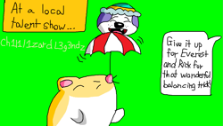 Size: 1459x830 | Tagged: safe, artist:ch1l1l1zardl3g3ndz, everest (paw patrol), rick (kirby), canine, dog, hamster, husky, mammal, rodent, ambiguous form, semi-anthro, kirby (series), nickelodeon, nintendo, paw patrol, ball, clothes, crossover, duo, female, hat, headwear, male, morph ball, parasol