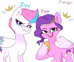 Size: 2048x1707 | Tagged: safe, artist:whiskers_t, pipp petals (mlp), zipp storm (mlp), equine, fictional species, mammal, pegasus, pony, feral, hasbro, my little pony, my little pony g5, spoiler:my little pony g5, 2021, circlet, duo, duo female, eyelashes, feathered wings, feathers, female, females only, folded wings, hooves, mare, siblings, sister, sisters, smiling, unshorn fetlocks, wings