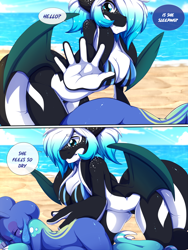 Size: 1500x2000 | Tagged: safe, artist:rainbowscreen, oc, oc only, oc:penelope (rainbowscreen), cetacean, dragon, fictional species, hybrid, mammal, mollusk, octopus, orca, orcadragon, anthro, comic:tentacle fun (rainbowscreen), 2018, all fours, ambiguous gender, beach, belly button, bikini, breasts, clothes, cloud, comic, dialogue, digital art, duo, ears, eyelashes, eyes closed, female, hair, ocean, one eye closed, sand, scales, sky, sleeping, speech bubble, spread wings, swimsuit, tail, talking, text, thighs, water, wide hips, wings