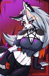 Size: 2650x4096 | Tagged: safe, artist:drfoxxbutt, loona (vivzmind), canine, fictional species, hellhound, mammal, anthro, hazbin hotel, helluva boss, 2021, big breasts, breasts, cell phone, clothes, ears, female, hair, long hair, looking at you, phone, silver hair, smartphone, smiling, smiling at you, solo, solo female, tail