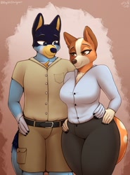 Size: 1616x2189 | Tagged: safe, artist:stargazer, bandit heeler (bluey), chilli heeler (bluey), australian cattle dog, canine, dog, mammal, anthro, bluey (series), 2021, belt, blue eyes, bottomwear, breasts, brown eyes, canon ship, cargo shorts, chest fluff, clothes, couple, duo, eyebrows, eyelashes, father, female, fluff, hand on hip, husband, husband and wife, male, mature, mature female, mature male, mother, mother and father, pants, parents, shipping, shirt, thick thighs, thighs, topwear, wife