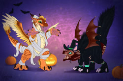 Size: 1539x1014 | Tagged: safe, artist:deanosaior, oc, oc:landrin, oc:vraeryn, dragon, eastern dragon, fictional species, western dragon, feral, abstract background, clothes, commission, costume, halloween, halloween costume, holiday, male, pumpkin, vegetables