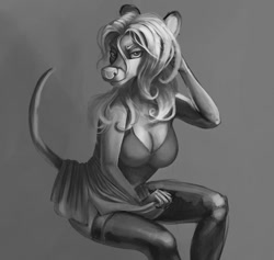 Size: 683x647 | Tagged: suggestive, artist:hornedgoddess, oc, oc only, oc:evelyn (hornedgoddess), mammal, marsupial, opossum, anthro, bottomwear, breasts, cleavage, clothes, digital art, ears, female, fur, hair, legwear, looking at you, monochrome, nipple outline, pinup, sitting, skirt, solo, solo female, stockings, tail