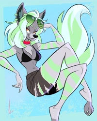 Size: 3200x4000 | Tagged: safe, artist:birchly, oc, oc only, oc:minty, canine, mammal, anthro, 2021, ambiguous gender, bikini, bikini top, bottomwear, clothes, collar, digital art, ear piercing, ears, fur, glasses, glasses on head, gray body, gray fur, green hair, hair, looking at you, orange eyes, paws, piercing, shorts, simple background, sitting, solo, sunglasses, sunglasses on head, swimsuit, tail