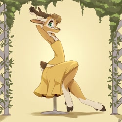 Size: 2500x2500 | Tagged: safe, artist:louart, antelope, bovid, gazelle, mammal, anthro, unguligrade anthro, brown hair, clothes, cloven hooves, dewclaw, dress, ears, female, green eyes, hair, high res, hooves, horns, looking at you, sitting, solo, solo female, tail, ungulate