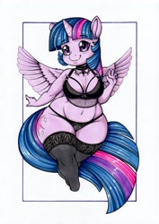 Size: 2470x3493 | Tagged: safe, artist:longinius, twilight sparkle (mlp), alicorn, equine, fictional species, mammal, pony, anthro, friendship is magic, hasbro, my little pony, bra, breasts, chibi, clothes, fat, female, high res, horn, legwear, lingerie, mare, panties, solo, solo female, stockings, tail, thick thighs, thighs, underwear, wide hips, wings