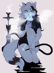 Size: 936x1280 | Tagged: safe, artist:jush, cat, feline, mammal, anthro, 2021, bottomwear, cell phone, clothes, digital art, ears, female, fur, hair, hookah, looking at you, paws, phone, shirt, shorts, simple background, smartphone, smoke, smoking, solo, solo female, tail, topwear, white background