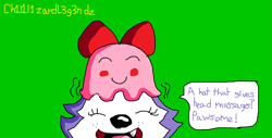 Size: 1469x749 | Tagged: safe, artist:ch1l1l1zardl3g3ndz, chuchu (kirby), everest (paw patrol), canine, dog, husky, mammal, mollusk, octopus, ambiguous form, kirby (series), nickelodeon, nintendo, paw patrol, bow, dialogue, duo, duo female, female, females only, talking