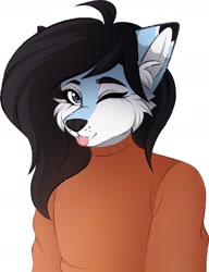 Size: 1413x1836 | Tagged: safe, artist:vetta, oc, oc only, oc:koldi, canine, fox, mammal, anthro, ambiguous gender, clothes, femboy, male, one eye closed, simple background, solo, solo ambiguous, solo male, sweater, tongue, tongue out, topwear