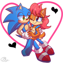 Size: 2000x2000 | Tagged: safe, artist:yoshiyoshi700, princess sally acorn (sonic), sonic the hedgehog (sonic), chipmunk, hedgehog, mammal, rodent, anthro, plantigrade anthro, archie sonic the hedgehog, sega, sonic the hedgehog (series), 2021, duo, female, high res, male, male/female, shipping, signature, simple background, sonally (sonic), white background