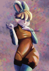 Size: 1741x2491 | Tagged: suggestive, artist:dragonfiry, sasha (animal crossing), lagomorph, mammal, rabbit, anthro, animal crossing, animal crossing: new horizons, nintendo, abstract background, blonde hair, bunny ears, bust, censored, clothes, female, fur, gradient background, hair, hips, newbie artist training grounds, pose, rule 63, solo, solo female, watermark
