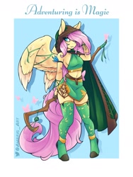 Size: 1800x2400 | Tagged: safe, artist:ambris, fluttershy (mlp), equine, fictional species, mammal, pegasus, pony, anthro, unguligrade anthro, dungeons & dragons, friendship is magic, hasbro, my little pony, 2021, adventuring is magic, belly button, blue eyes, boots, border, bottomwear, breasts, cloak, clothes, digital art, druid, fantasy class, feathered wings, feathers, female, fur, hair, hair over one eye, high res, hood, hooves, legs, mare, midriff, pink hair, pink tail, shoes, sideboob, skindentation, skirt, solo, solo female, tail, white border, wings, yellow body, yellow fur