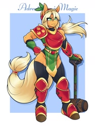Size: 1800x2400 | Tagged: safe, artist:ambris, applejack (mlp), earth pony, equine, fictional species, mammal, pony, anthro, unguligrade anthro, dungeons & dragons, friendship is magic, hasbro, my little pony, 2021, adventuring is magic, armor, blonde hair, blonde tail, breastplate, colored pupils, fantasy class, female, freckles, fur, green eyes, hair, hammer, hand on hip, high res, hooves, knight, looking at you, multiple variants, muscles, muscular female, orange body, orange fur, paladin, smiling, solo, solo female, tail, war hammer, warrior, weapon