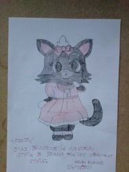 Size: 1560x2080 | Tagged: safe, artist:ruinardkevin, diana (jewelpet), cat, feline, mammal, semi-anthro, jewelpet (sanrio), sanrio, bow, clothes, dress, ears, female, irl, photo, photographed artwork, solo, solo female, tail, traditional art