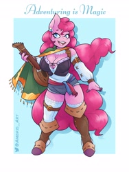 Size: 3072x4096 | Tagged: safe, artist:ambris, pinkie pie (mlp), earth pony, equine, fictional species, mammal, pony, anthro, unguligrade anthro, dungeons & dragons, friendship is magic, hasbro, my little pony, 2021, adventuring is magic, bard, big breasts, boots, breasts, cape, cleavage, clothes, colored pupils, fantasy class, female, hooves, legwear, lute, multiple variants, musical instrument, open mouth, raised leg, remake, shoes, smiling, solo, solo female, stockings, weapon
