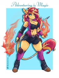 Size: 1800x2400 | Tagged: safe, artist:ambris, sunset shimmer (mlp), equine, fictional species, mammal, pony, unicorn, anthro, unguligrade anthro, dungeons & dragons, friendship is magic, hasbro, my little pony, 2021, adventuring is magic, anthrofied, belly button, big breasts, border, bottomwear, breasts, cleavage, clothes, ear piercing, female, fire, fur, green eyes, hair, high res, hooves, horn, industrial piercing, leonine tail, magic staff, mare, midriff, multicolored hair, multicolored tail, muscles, muscular female, piercing, pouch, red hair, redraw, shoes, shorts, socks, solo, solo female, sorcerer, staff, tail, topwear, two toned hair, two toned tail, vest, white border, yellow body, yellow fur, yellow hair