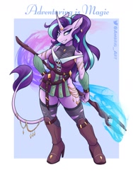 Size: 1800x2400 | Tagged: safe, artist:ambris, starlight glimmer (mlp), equine, fictional species, mammal, pony, unicorn, anthro, unguligrade anthro, friendship is magic, hasbro, my little pony, 2021, adventuring is magic, blue eyes, ear piercing, earring, female, fur, grin, hair, hand on hip, high heel boots, high res, hooves, jewelry, leonine tail, looking at you, mare, multicolored hair, multicolored tail, piercing, purple body, purple fur, purple hair, smiling, smiling at you, smirk, solo, solo female, staff, tail, teal hair, two toned hair, two toned tail