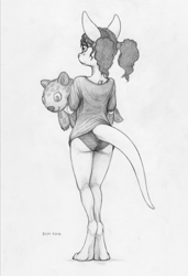 Size: 1160x1695 | Tagged: suggestive, artist:ecmajor, oc, oc only, oc:cailey (ecmajor), kangaroo, mammal, marsupial, anthro, 2016, clothes, ears, female, fur, hair, macropod, monochrome, panties, paws, plushie, shirt, signature, simple background, solo, solo female, standing, tail, topwear, traditional art, underwear, white background