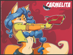 Size: 1200x909 | Tagged: safe, artist:indivicolours, carmelita fox (sly cooper), canine, fox, mammal, anthro, sly cooper (series), 2013, abstract background, belly button, black border, blaster, blue hair, border, breasts, brown eyes, character name, clothes, cream body, cream fur, digital art, ear piercing, energy weapon, female, fur, gun, hair, hair accessory, jacket, lipstick, makeup, multicolored fur, orange body, orange fur, outline, piercing, solo, solo female, tail, text, topwear, two toned body, two toned fur, weapon, white outline
