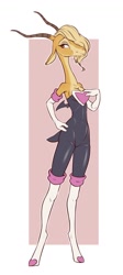 Size: 653x1452 | Tagged: safe, artist:rogone, gazelle (zootopia), rouge the bat (sonic), antelope, bovid, gazelle, mammal, anthro, unguligrade anthro, disney, sega, sonic the hedgehog (series), zootopia, 2021, amber eyes, blonde hair, breasts, clothes, costume, ears, female, fur, hair, hooves, horns, pinup, solo, solo female, standing, tail, tan body, tan fur
