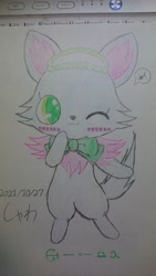 Size: 1152x2048 | Tagged: safe, artist:sapphireshowers, milky (jewelpet), canine, chihuahua, dog, mammal, semi-anthro, bow, bow tie, clothes, ears, female, irl, photo, photographed artwork, solo, solo female, tail, traditional art