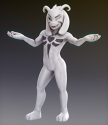 Size: 2433x2817 | Tagged: safe, artist:rafa knight, asriel dreemurr (undertale), bovid, goat, mammal, anthro, undertale, 3d, asriel dreemurr (god form), barbie doll anatomy, complete nudity, digital art, featureless crotch, fur, high res, looking at you, male, nippleless, nudity, one eye closed, solo, solo male, source filmmaker, standing, white body, white fur