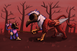 Size: 3000x2000 | Tagged: safe, artist:doesnotexist, artist:gyrotech, edit, oc, oc:gyro feather, oc:gyro feather (gryphon), oc:zephyrus, bird, feline, fictional species, galliform, gryphon, mammal, peacock gryphon, peafowl, feral, beak, bird feet, blue body, blue feathers, blue fur, claws, color edit, feathered wings, feathers, fur, high res, male, plague mask, purple feathers, size difference, tail, tail tuft, wings