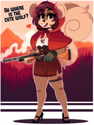 Size: 2810x3750 | Tagged: safe, artist:wirelessshiba, oc, oc only, oc:shelly (wirelessshiba), chipmunk, mammal, rodent, sciurid, anthro, 2021, breasts, buckteeth, clothes, dialogue, fur, gloves, gun, hair, high heels, high res, hood, looking at you, mossberg 590, open mouth, open smile, shoes, short hair, shotgun, smiling, standing, talking, teeth, weapon